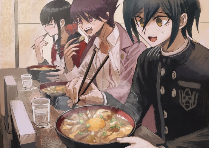 Maki Harukawa, Shuichi Saihara, and Kaito Momota from Danganronpa V3: Killing Harmony eating ramen