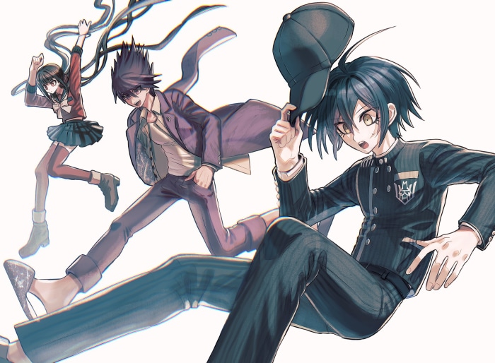 Maki Harukawa, Kaito Momota, and Shuichi Saihara from Danganronpa V3