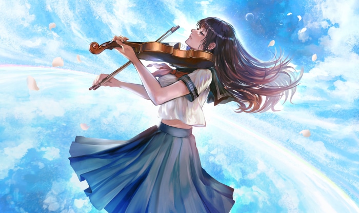 Girl in School Uniform Playing Violin in the Sky