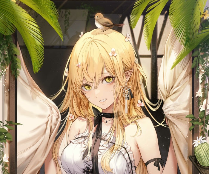 Anime girl with blonde hair and bird on head
