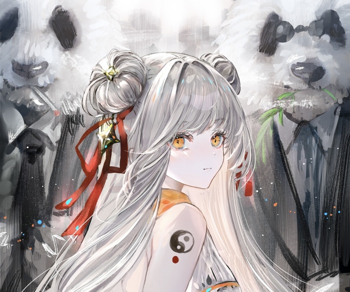 Anime girl with grey hair and pandas