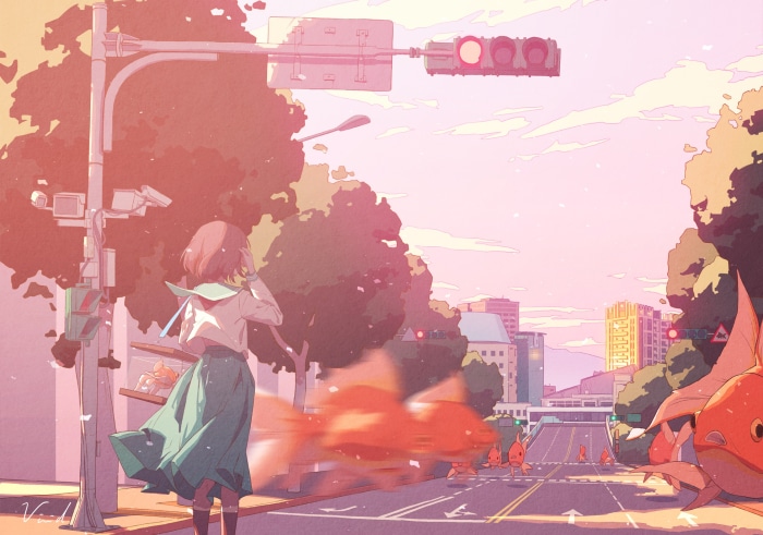 Girl in School Uniform with Goldfish on a City Street