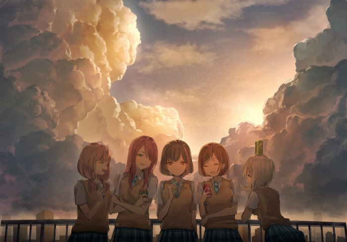 Five girls from BanG Dream! Girls Band Party! stand on a rooftop at sunset