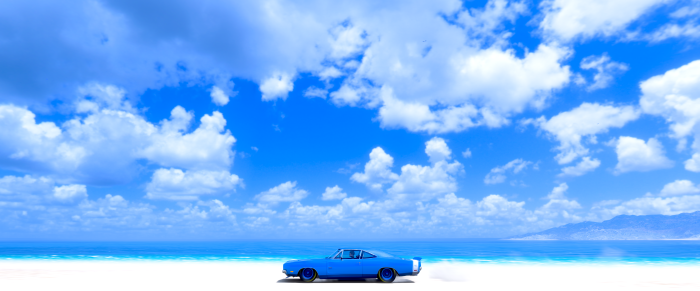 Blue car on a beach with ocean and clouds