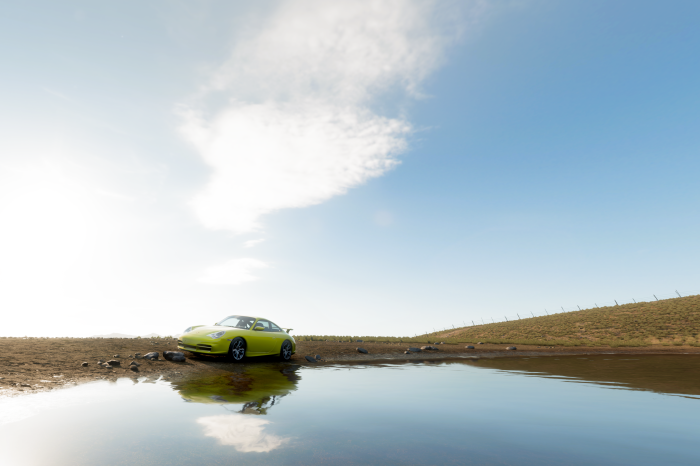 Yellow Porsche 911 by a pond in Forza Horizon 5 4K