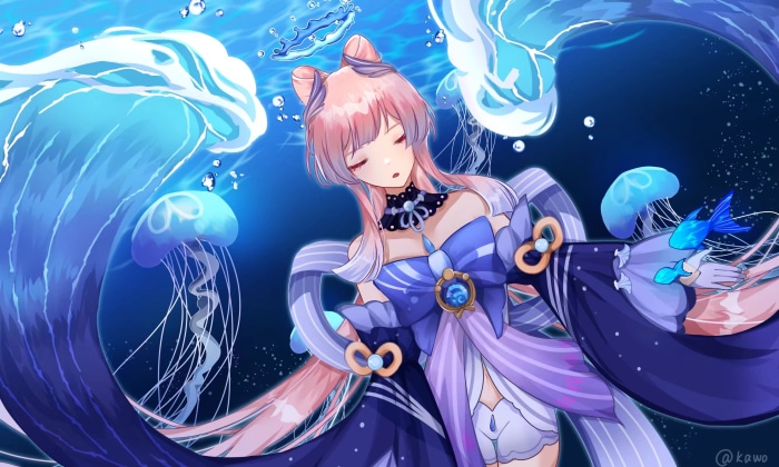 Sangonomiya Kokomi from Genshin Impact underwater with jellyfish