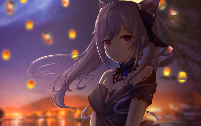 Keqing from Genshin Impact with lanterns