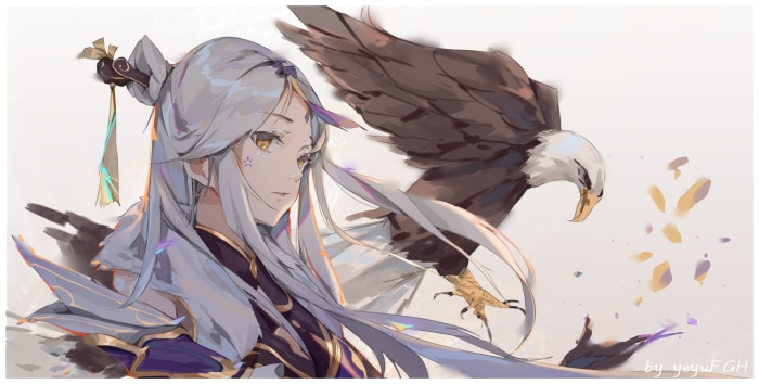 Ningguang with an eagle from Genshin Impact