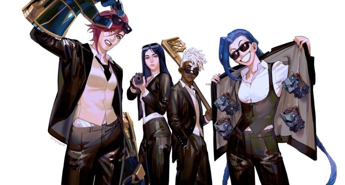 Arcane characters Vi, Caitlyn, Ekko, and Jinx in suits