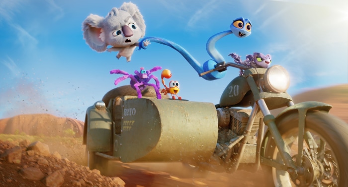 Back to the Outback characters on a motorcycle