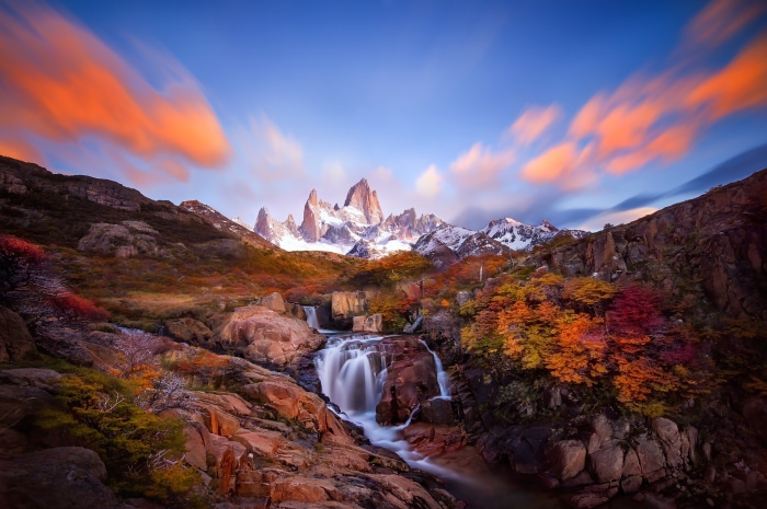 Fitz Roy Mountain and Waterfall in Patagonia