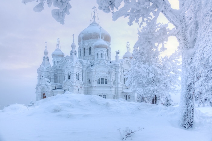 Belogorsky Monastery covered in snow during winter