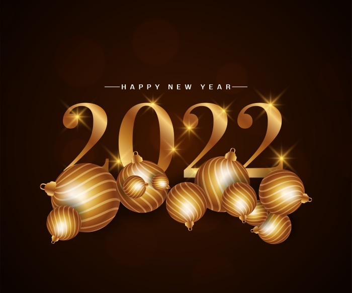 Happy New Year 2022 Golden Ornaments