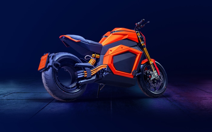 Orange and black sci-fi electric motorcycle