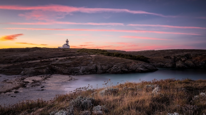 Lighthouse in Brittany, France at sunset 4K