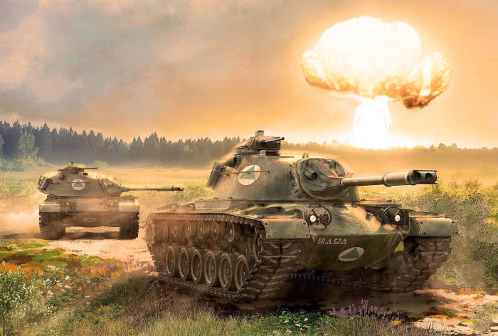 Two M48 Patton tanks in front of a nuclear explosion