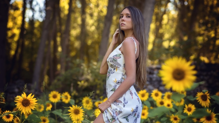 Brunette model in a floral dress among sunflowers