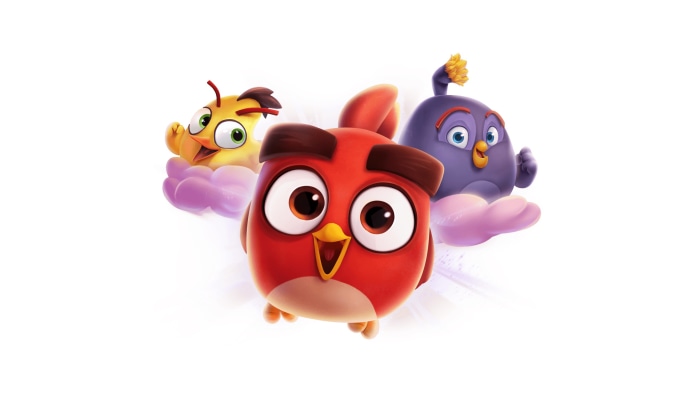 Three Angry Birds characters on clouds