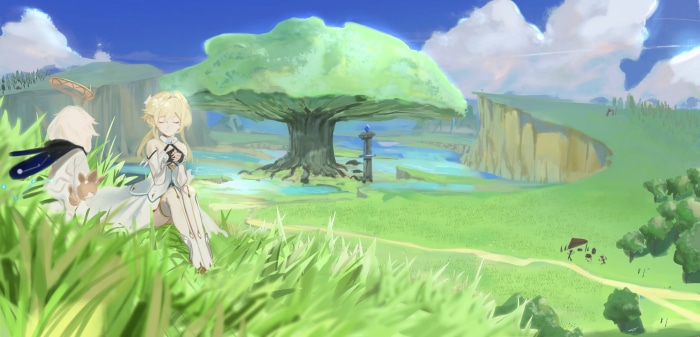 Lumine and Paimon from Genshin Impact in a meadow