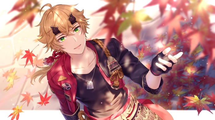 Thoma from Genshin Impact with falling leaves