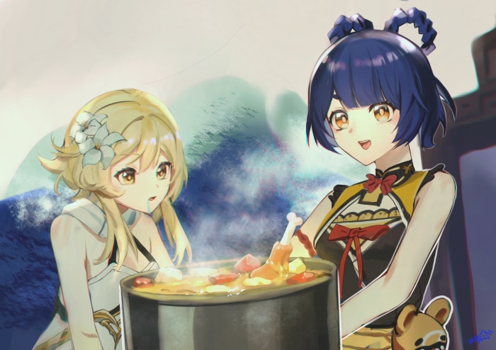 Lumine and Xiangling cooking in Genshin Impact