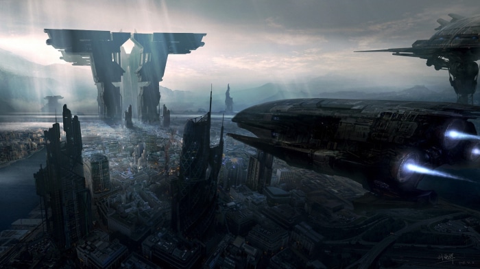 Futuristic City with Spaceships and Towers