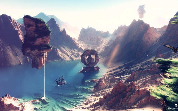 Fantastic World with Floating Islands and Ship