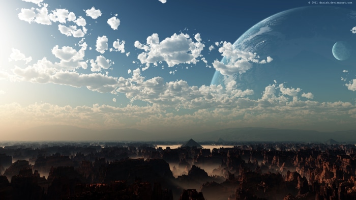 Cosmic landscape with planets and clouds