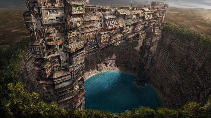 Post-apocalyptic city built into a crater with a beach