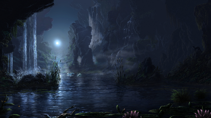 Fantasy cave landscape with waterfall and moonlit lake