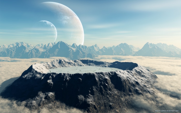 Dormant volcano on an alien planet with two moons