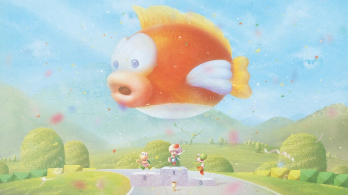 Toad and Yoshi from Mario on a podium with a giant fish
