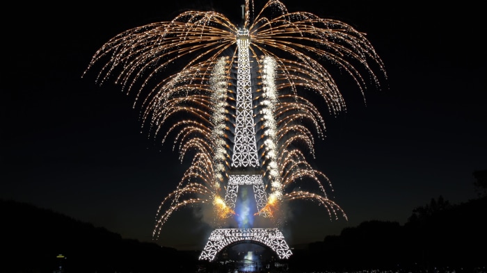 Eiffel Tower illuminated with fireworks