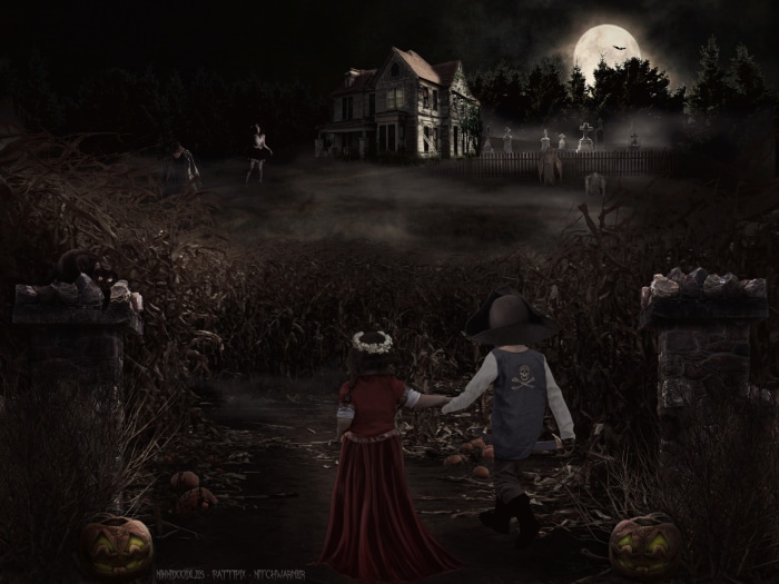 Halloween haunted house with children and pumpkins