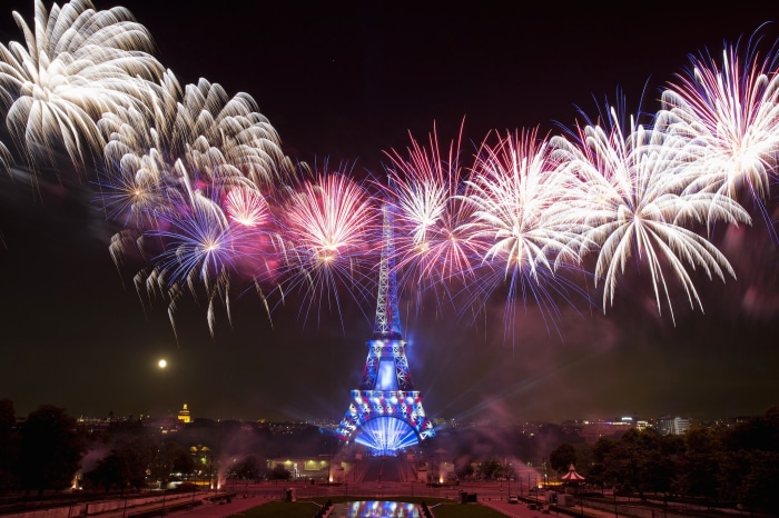 Eiffel Tower illuminated with fireworks in Paris