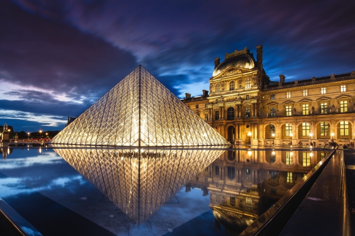 Louvre Museum Pyramid Reflection at Night
