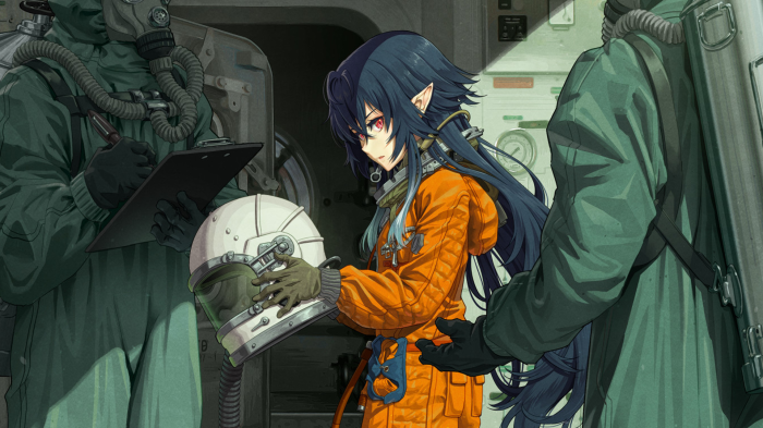 Irina Luminesk in a spacesuit with hazmat suit figures