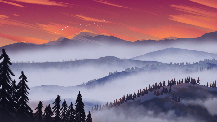Artistic landscape with mountains and mist
