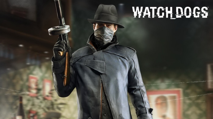 Aiden Pearce from Watch Dogs holding a Tommy gun
