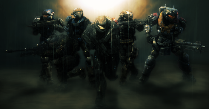 Six Spartans from Halo: Reach in formation