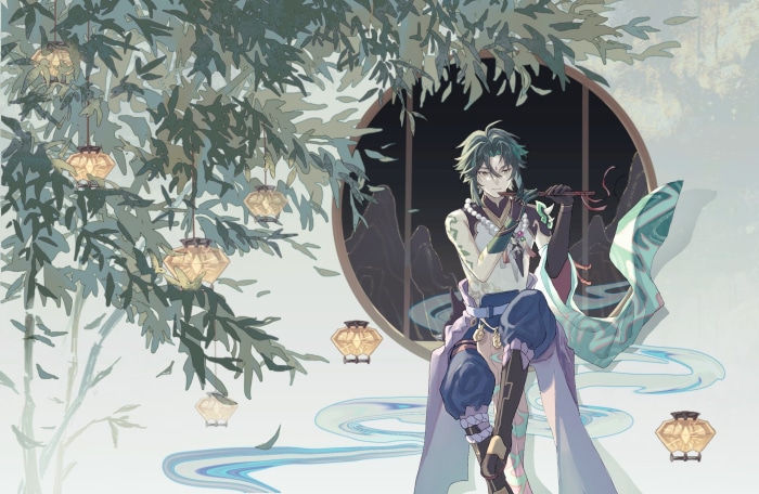 Xiao from Genshin Impact playing flute