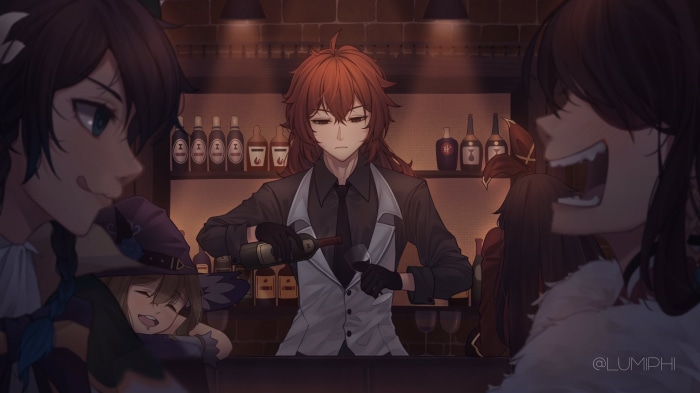 Diluc, Venti, Amber, Lisa, and Beidou from Genshin Impact at a bar