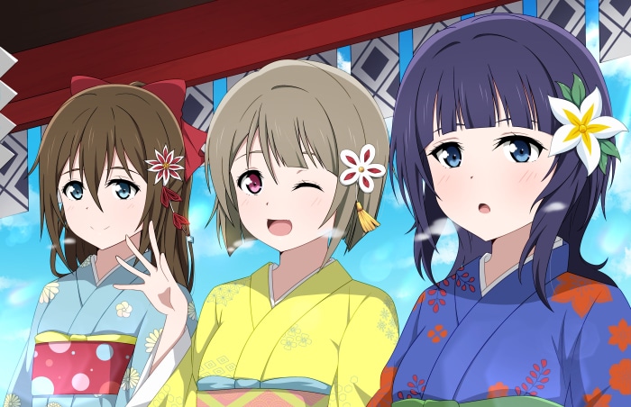Karin Asaka, Kasumi Nakasu, and Shizuku Osaka from Love Live! Nijigasaki High School Idol Club 4K