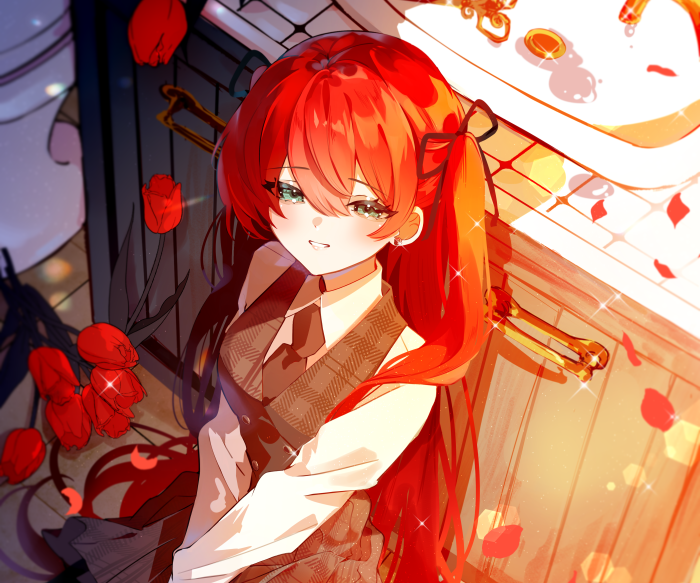 Girl with red hair and tulips