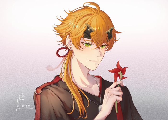 Thoma from Genshin Impact holding a red flower