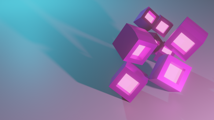 Pink hollow cubes tumbling with light