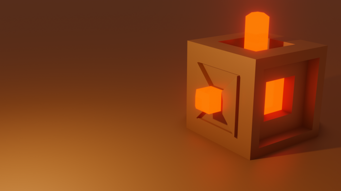 Orange glowing cube with geometric cutouts