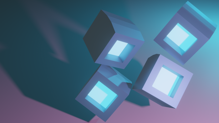 Four glowing cubes tumbling in blue and purple light