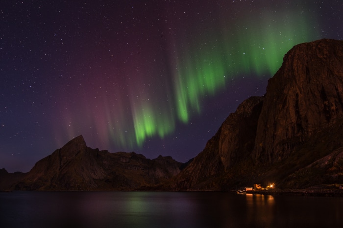 Aurora Borealis over Reinefjorden, Hamnøy, Norway