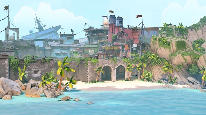 Valorant map with a beach and buildings